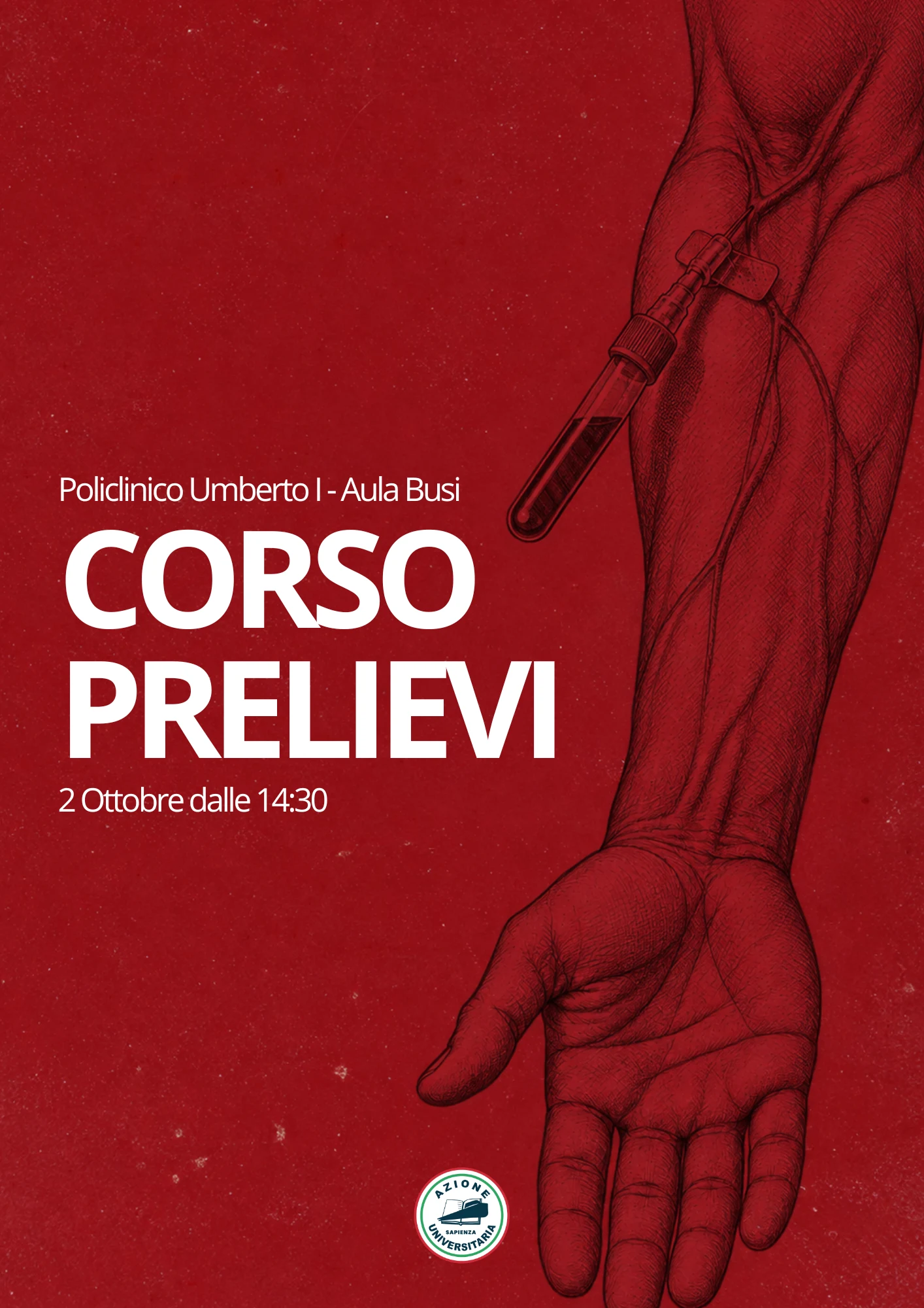 Locandina Corso Prelievi: 2 ottobre dalle 14:30, Aula Busi, Policlinico Umberto I